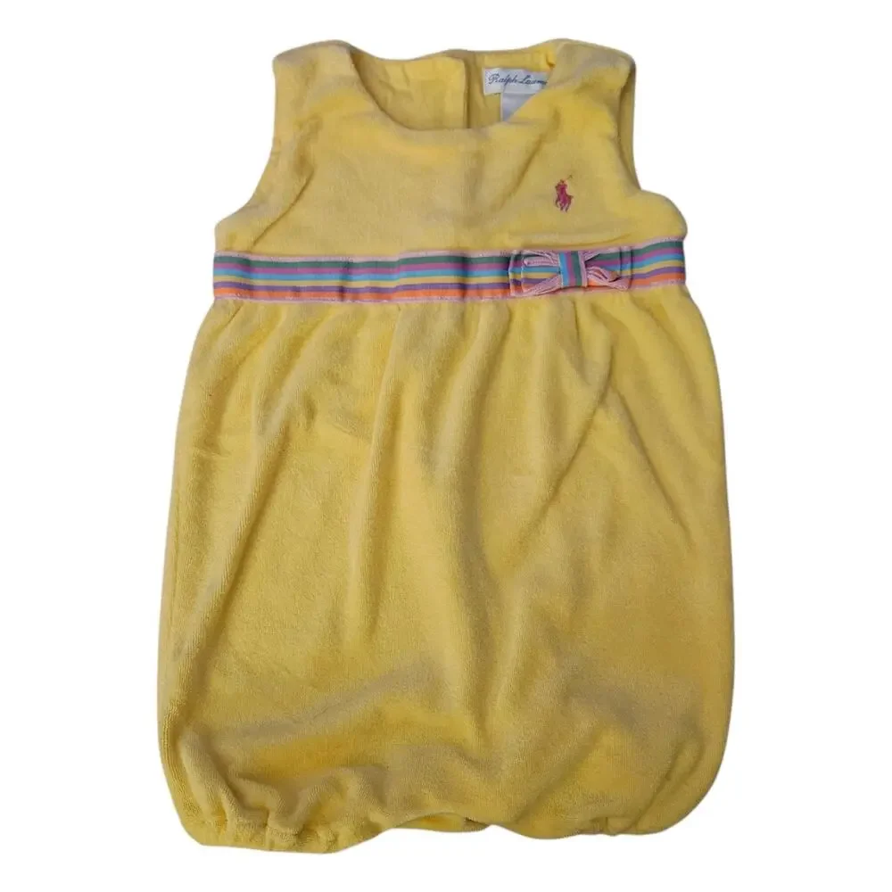 Baby Girl's Ralph Lauren Terry Cloth Sleeveless Romper Yellow w/ Striped Band 6M
